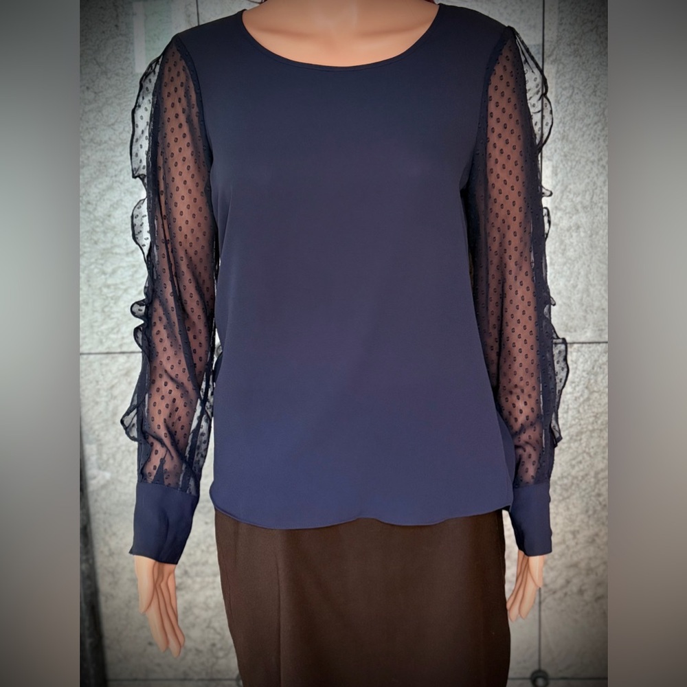 Express Navy Blouse with Sheer Polka Dot Sleeves
